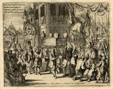 32354 Afbeelding van een processie en mislezing door katholieke Fransen te Utrecht (in een gefantaseerde omgeving) ...